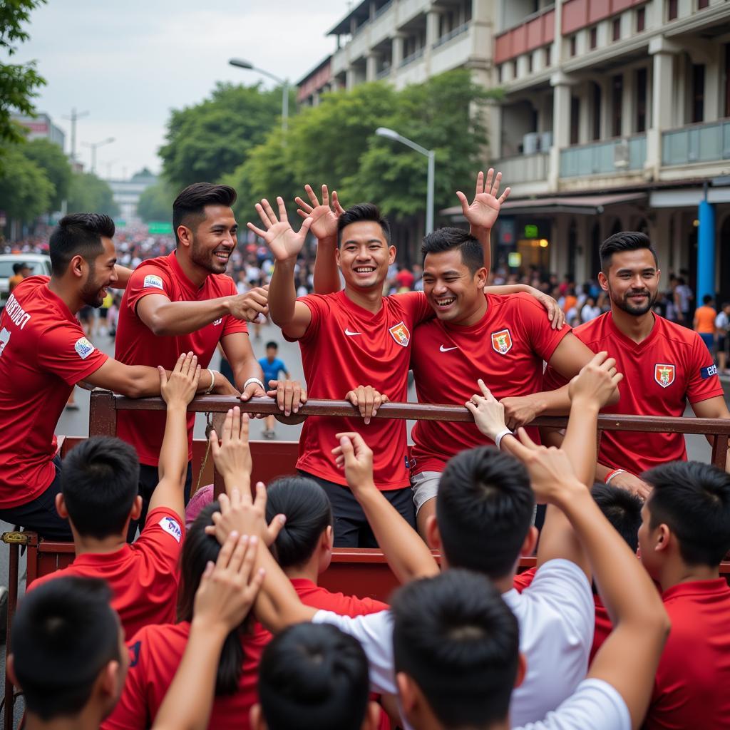 Saigon FC players celebrating with fans after securing second place in 2019