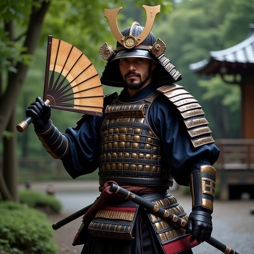 A samurai posing with a tessen war fan