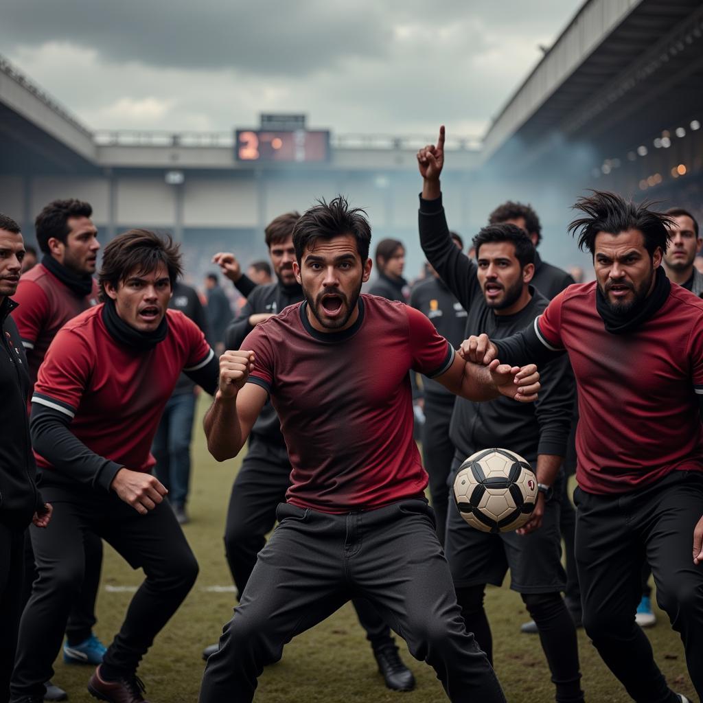 Scary Football Fans Hooligans: Image depicts a group of football hooligans with obscured faces, wearing dark clothing, and exhibiting aggressive body language. They are holding flares and banners, with a backdrop of a chaotic stadium scene, emphasizing the intimidating atmosphere.