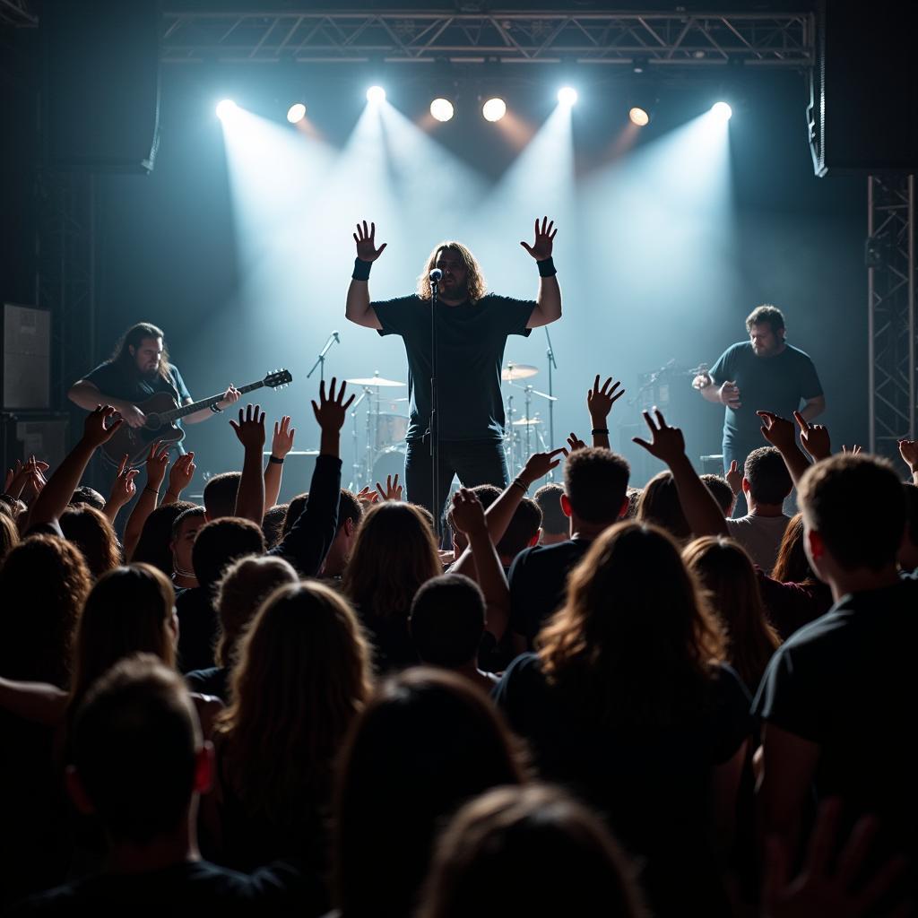 Seether performing live on stage, engaging with the energetic crowd.