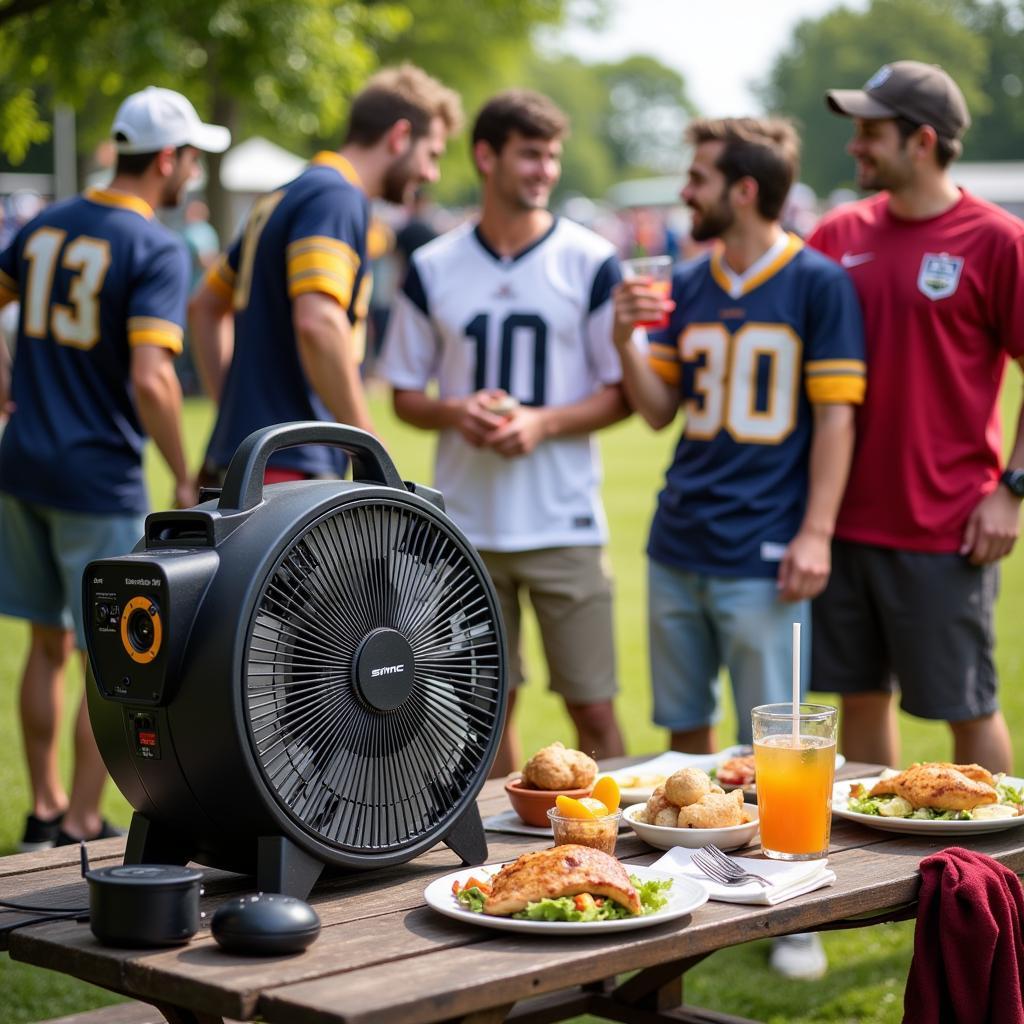 Setting up an SMC fan at a football tailgate