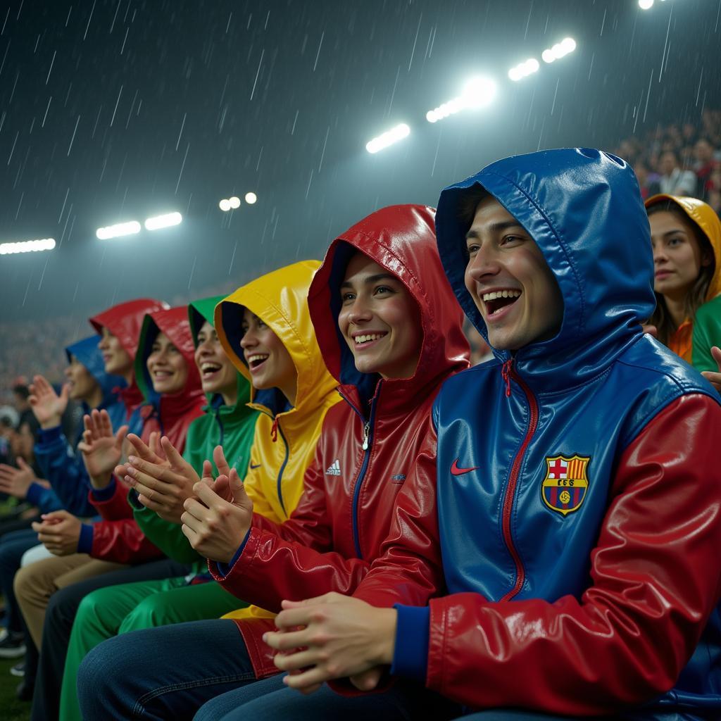 Fans in Rain Gear at Stadium