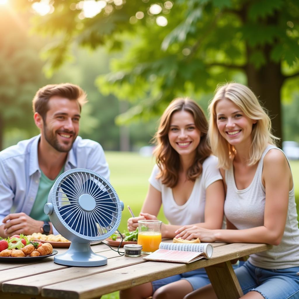 Solar Fan Used Outdoors During a Picnic