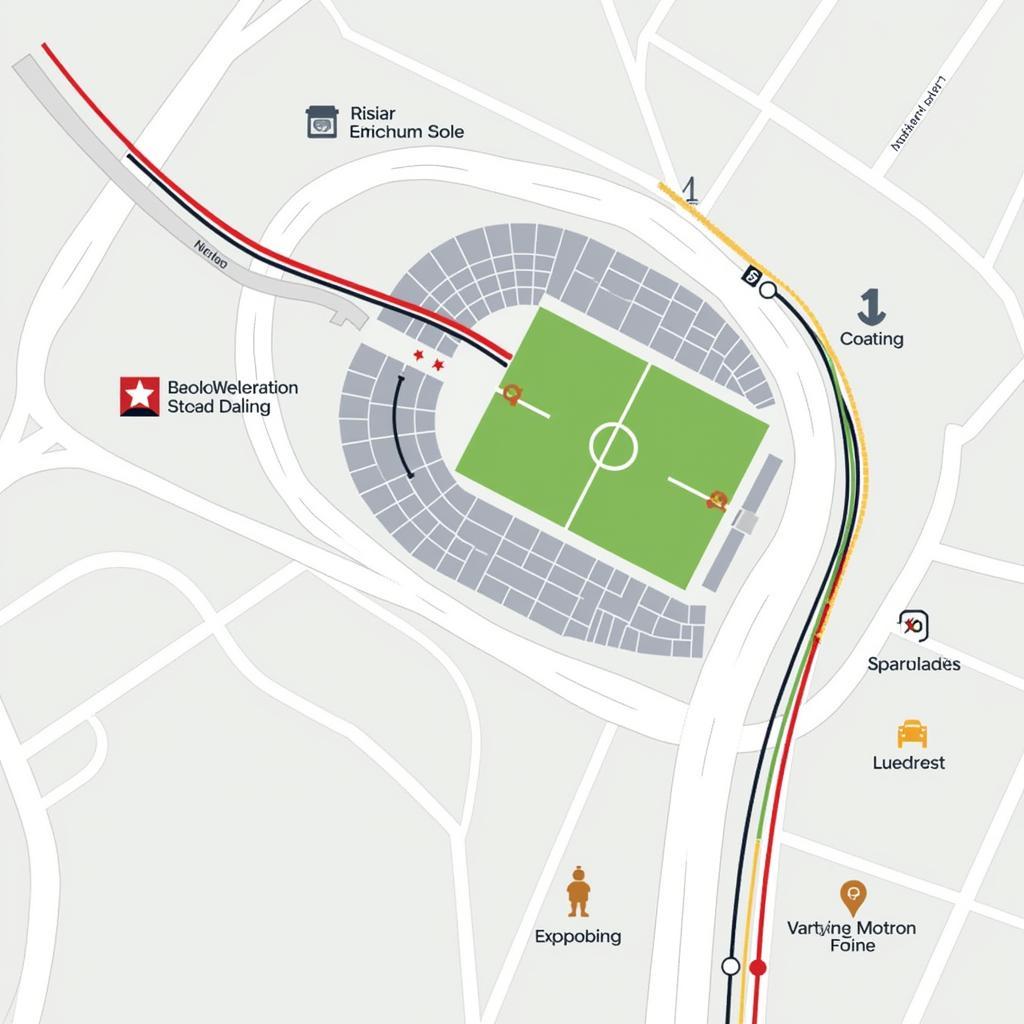 Stadium Location and Transportation Impact on Fans: A map showing a stadium location with highlighted public transportation routes and parking areas.