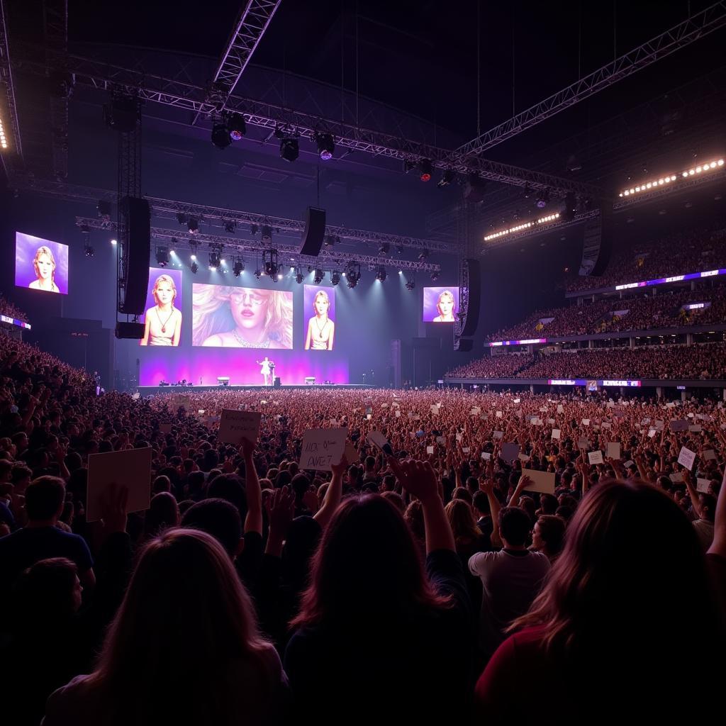 Taylor Swift fans at a concert, holding up signs and singing along.