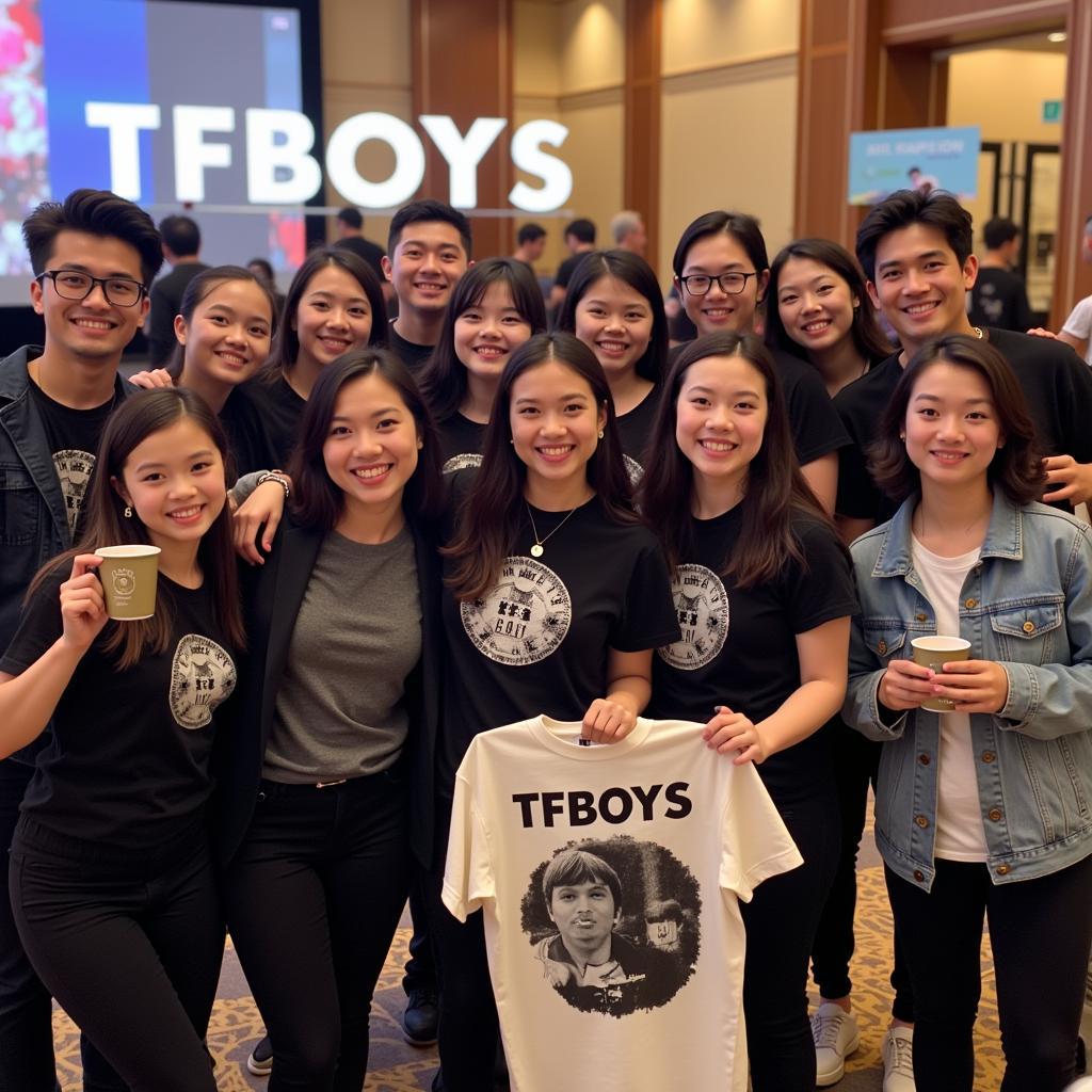 A group of TFBOYS fans gathered together, holding merchandise and taking photos.