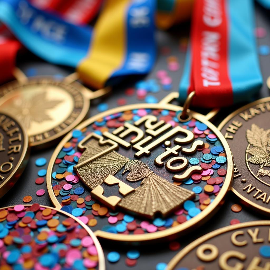 Close-up of vibrant top fan confetti medals