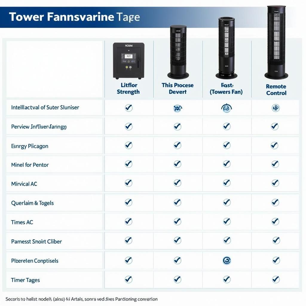 Comparison chart of different tower fan features