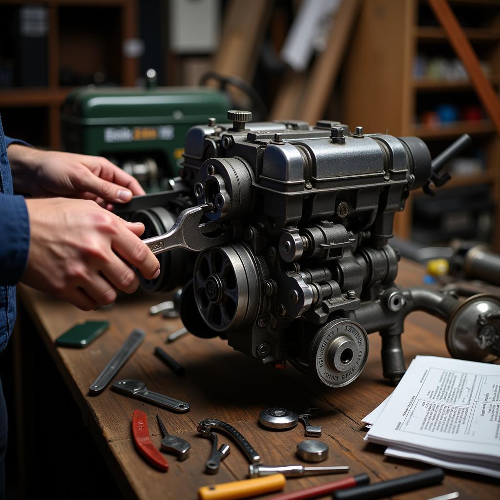 Tractor enthusiast working on a tractor engine in their workshop