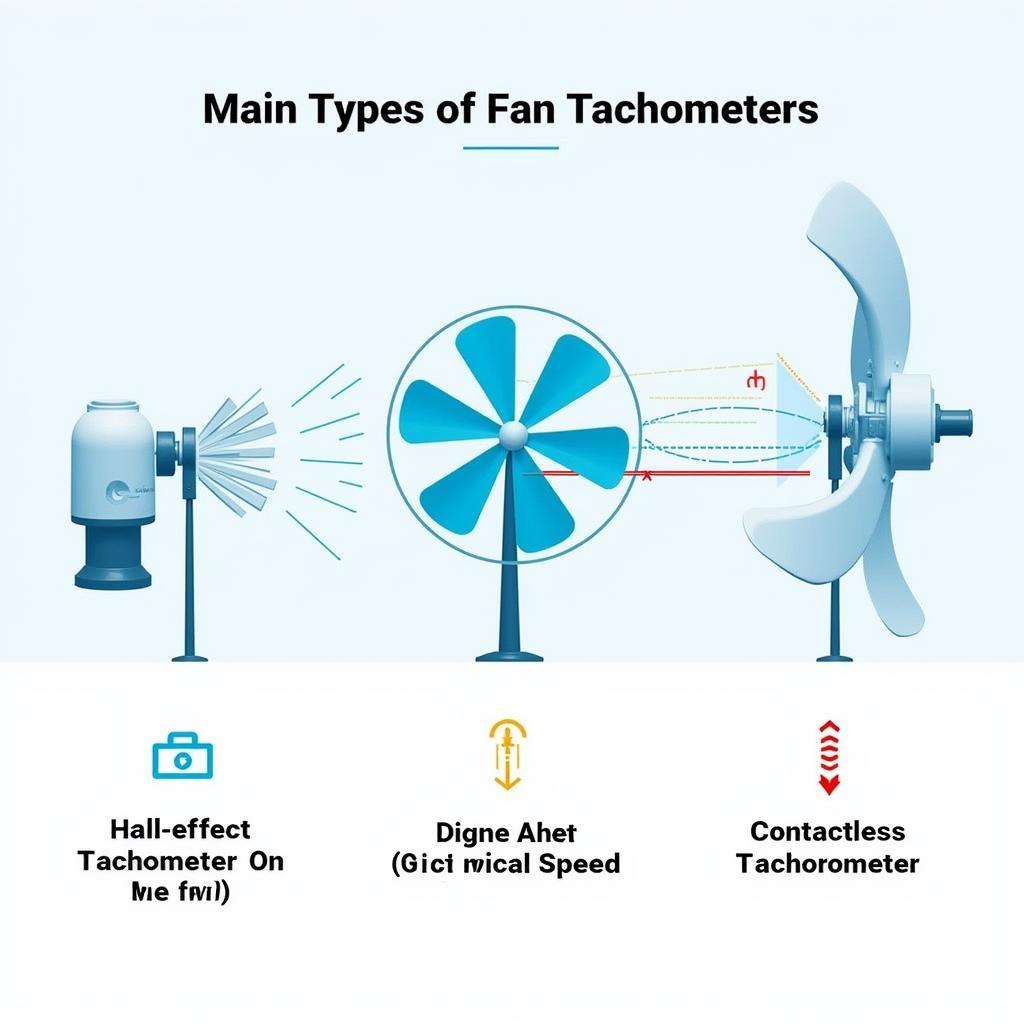 Diagram illustrating different types of fan tachometers, including Hall-effect, optical, and contactless.