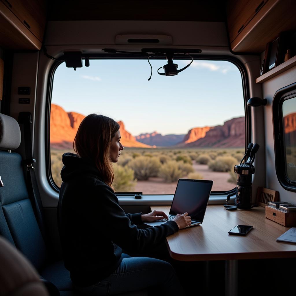 A solo traveler works remotely from their van, parked in a scenic location.