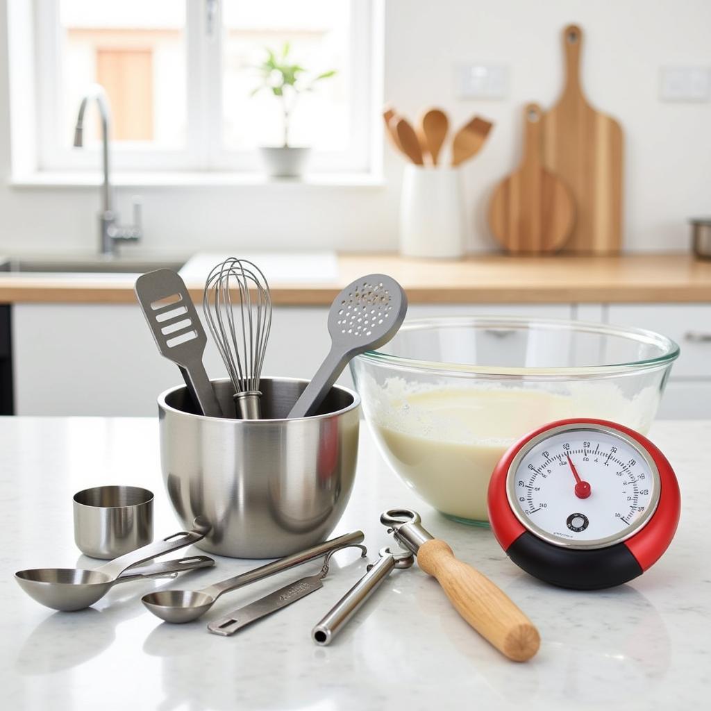 Essential tools for baking a sponge cake including measuring cups, spoons, and a whisk.