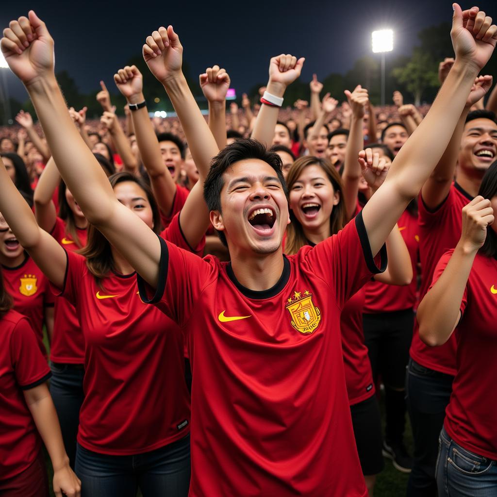 Vietnamese football fans celebrating a victory.