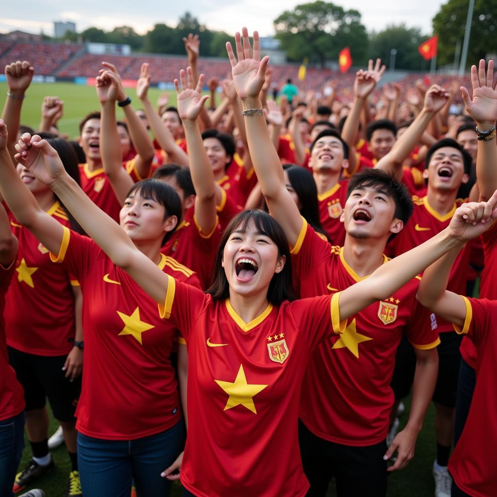 Vietnamese football fans celebrating a victory.