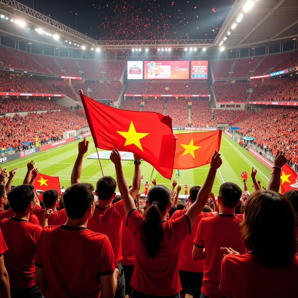 Vietnamese football fans enthusiastically cheering for their team in a packed stadium.