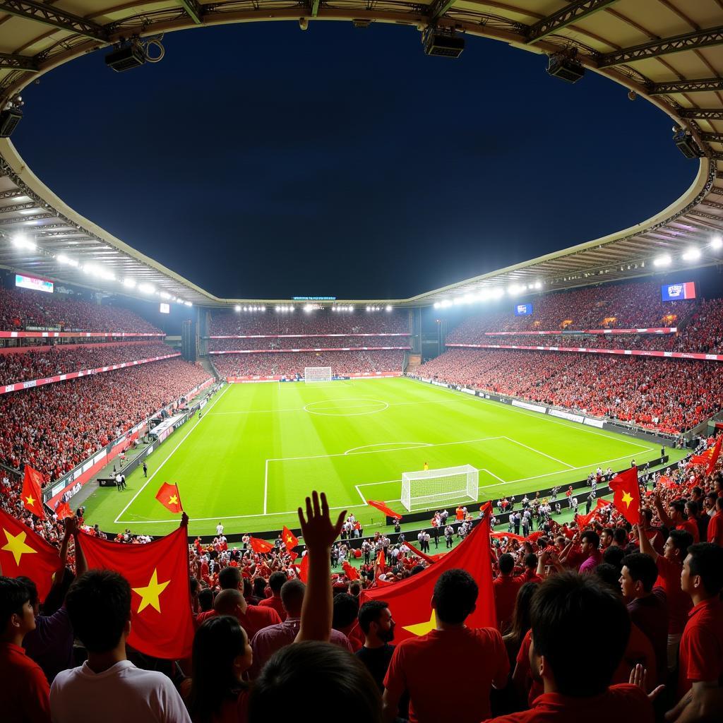 Vietnamese football fans cheering enthusiastically in a stadium