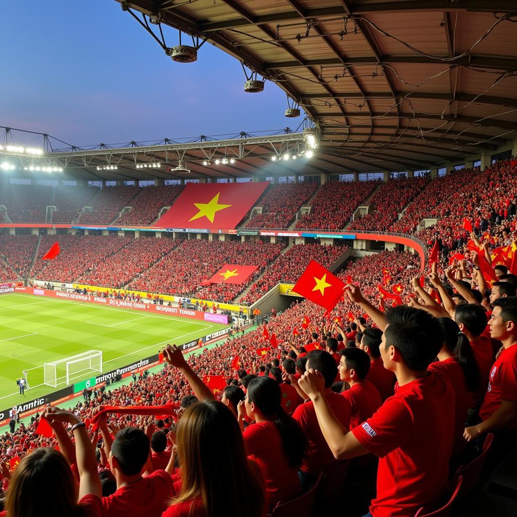 Vietnamese football fans cheering in a packed stadium