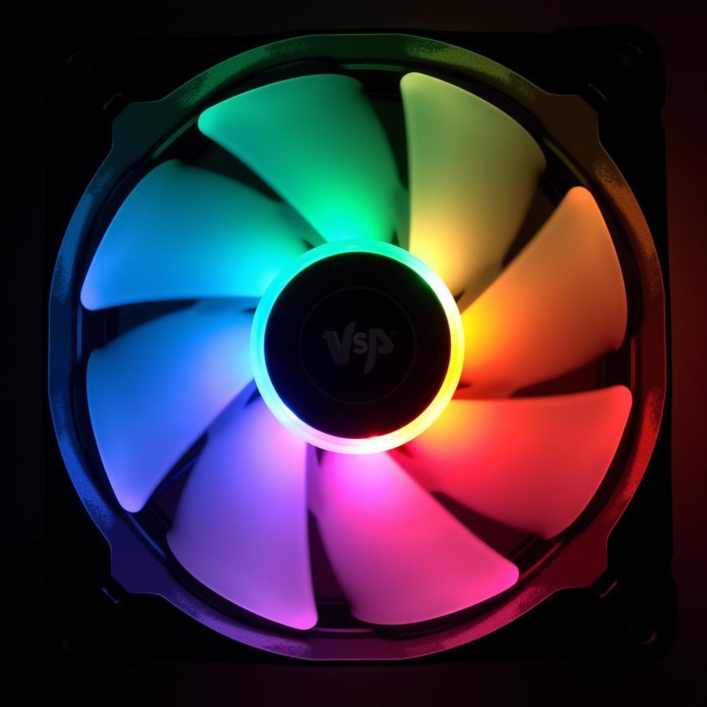 Close-up view of a VSP RGB fan showing the vibrant LED lights and fan blades