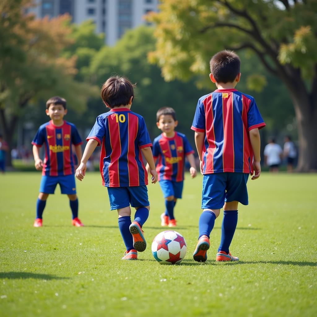 Young Japanese fans playing football in Barcelona jerseys