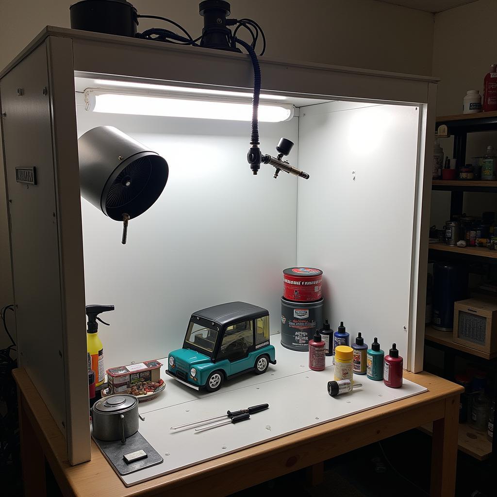 Airbrush hobby paint spray booth with fan filter setup