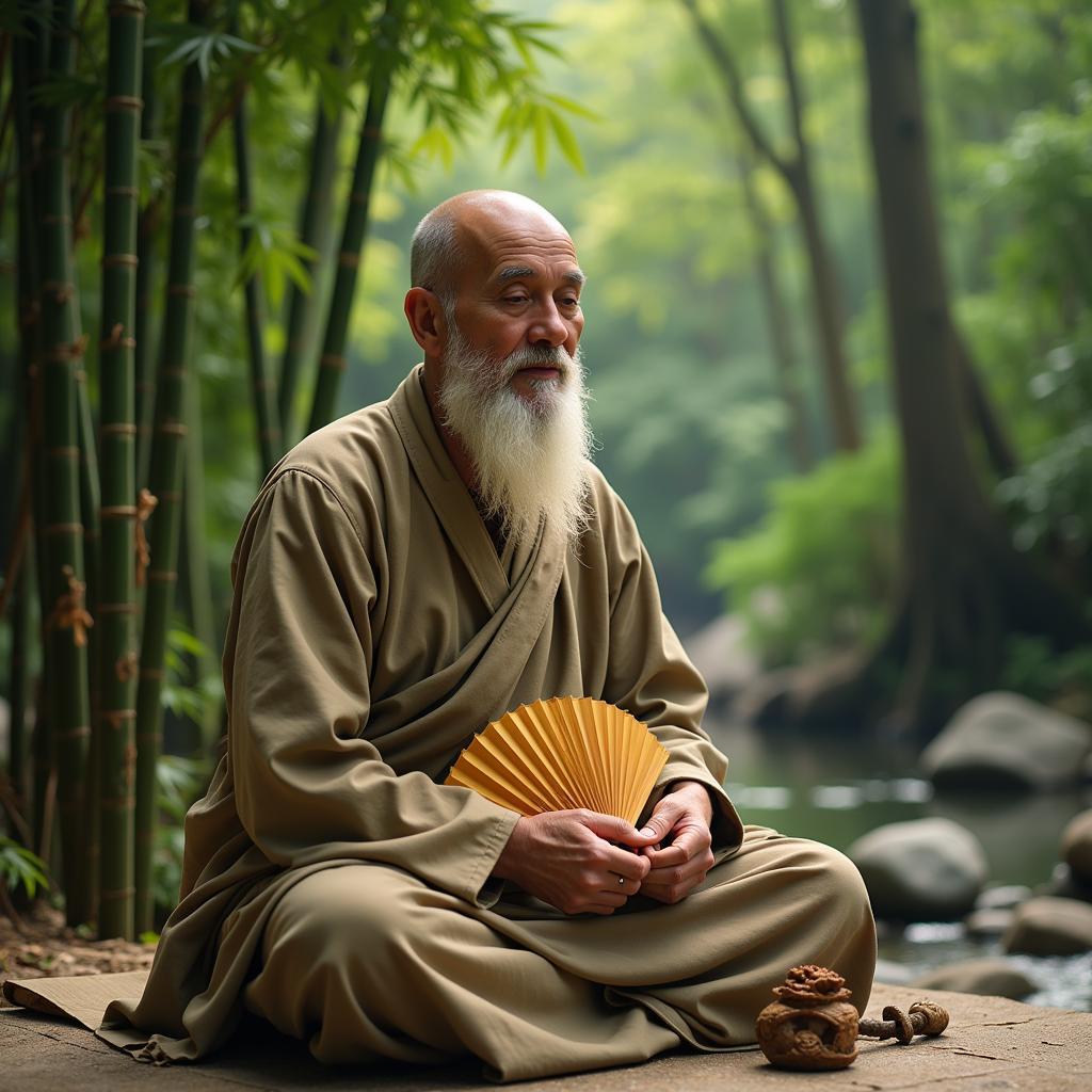 Ancient one meditating with a paper fan