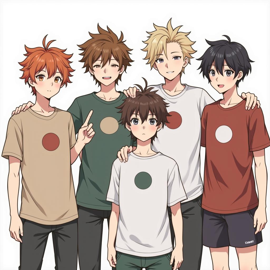 Group of anime boys in various three-hole shirts