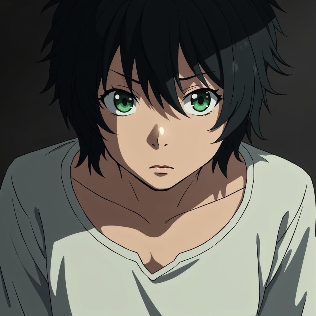 Close-up portrait of an anime boy in a three-hole shirt