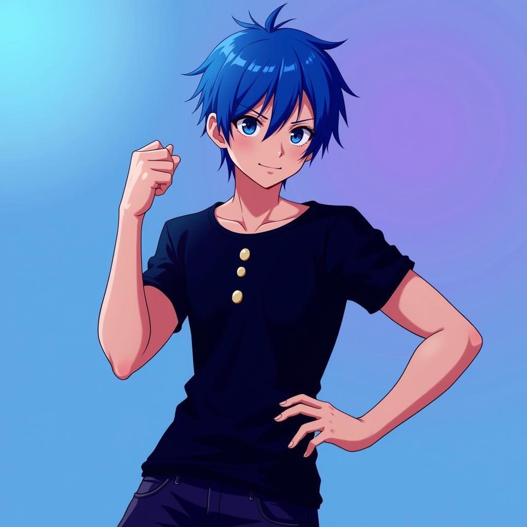 Anime boy striking a dynamic pose in a three-hole shirt