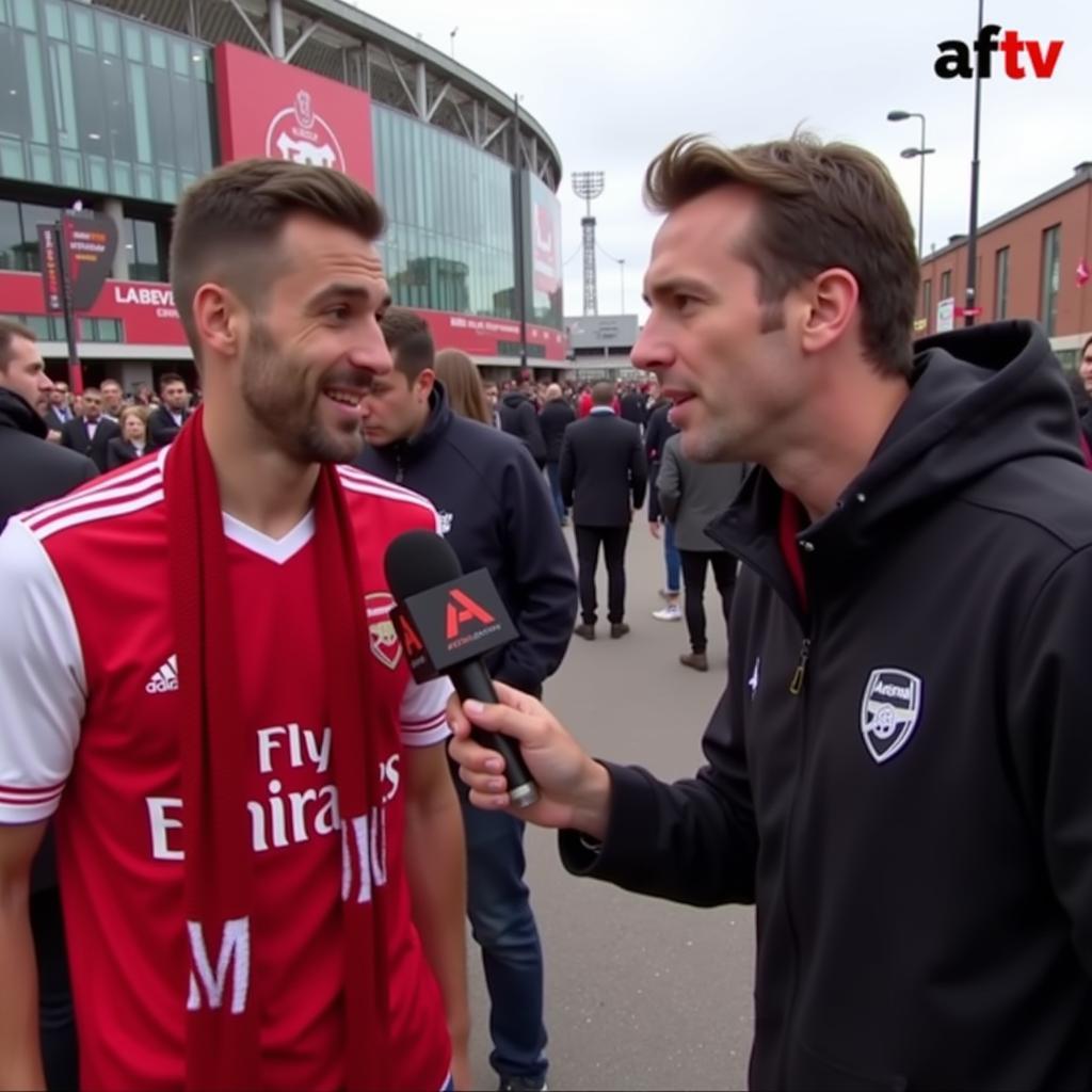 Robbie Lyle interviewing a passionate Arsenal fan after a disappointing match