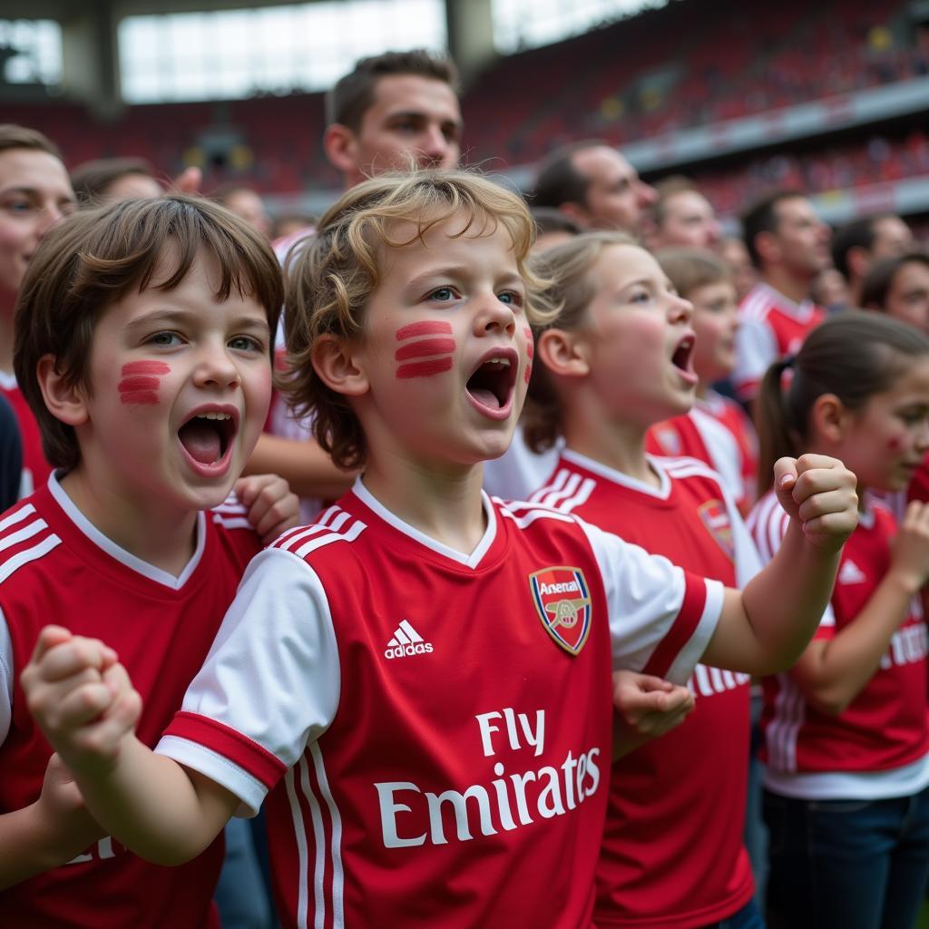 Young Arsenal fans cheering for the team