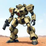 A realistic illustration of the Astray Red Frame standing against a desert backdrop.