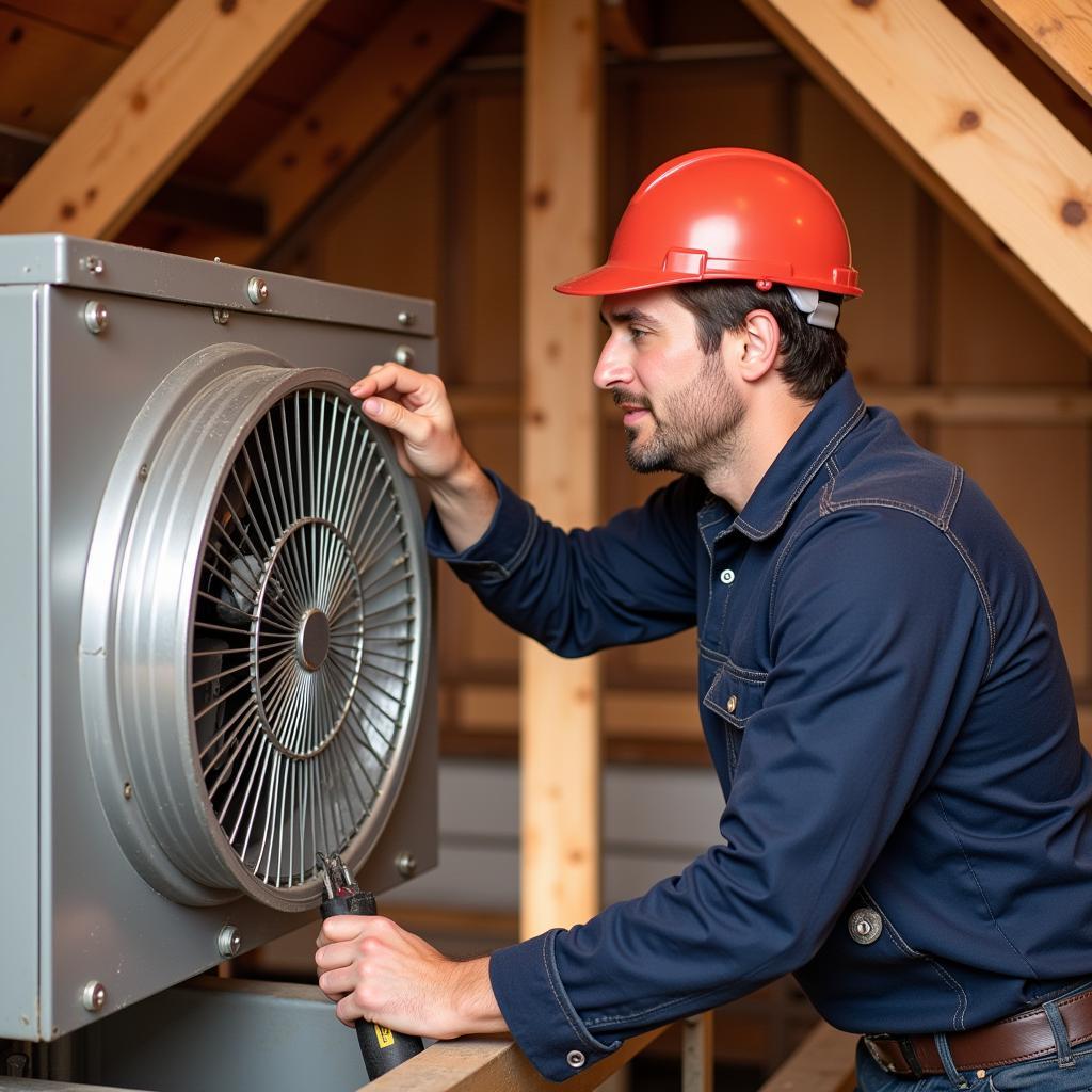 Attic Fan Repair Technician Inspecting Unit