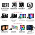 Best PC Fan Cooling Solutions: Image showing a variety of PC fans, including case fans, CPU coolers, and AIO liquid coolers, highlighting different sizes, blade designs, and RGB lighting.