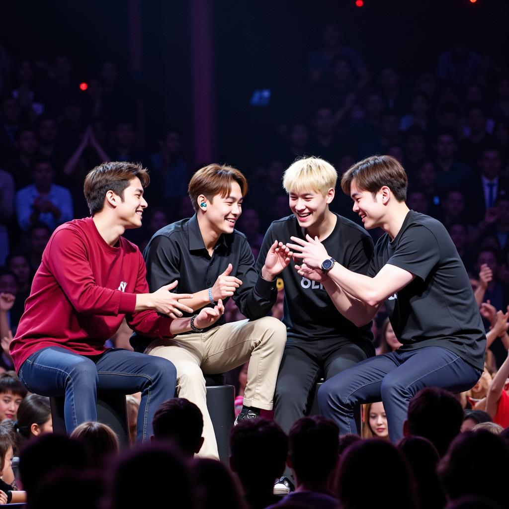 BIGBANG members interacting with fans during a game segment at the 2016 Japan Fan Meeting