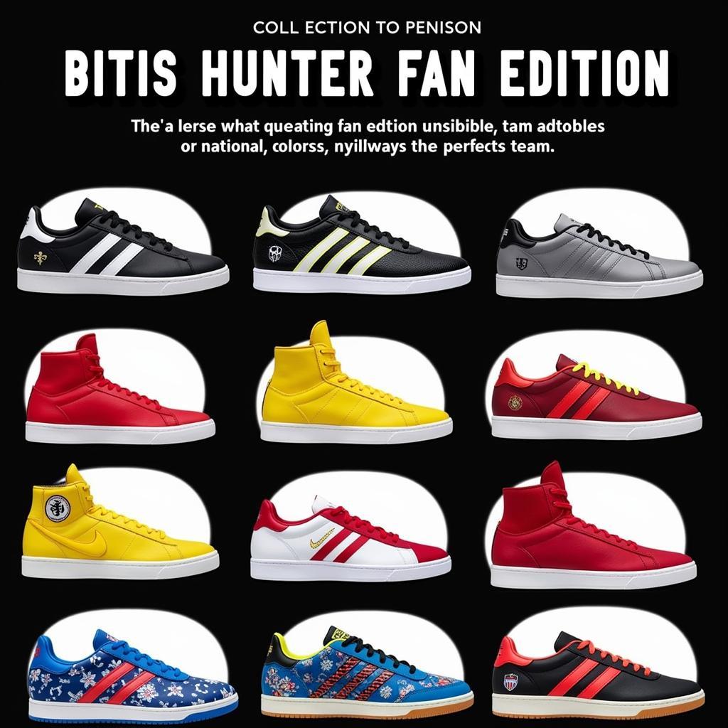 Display of various Bitis Hunter Fan Edition styles showcasing different team colors and designs.