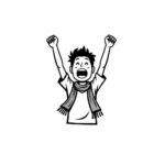 Black and white clipart of a football fan cheering enthusiastically.