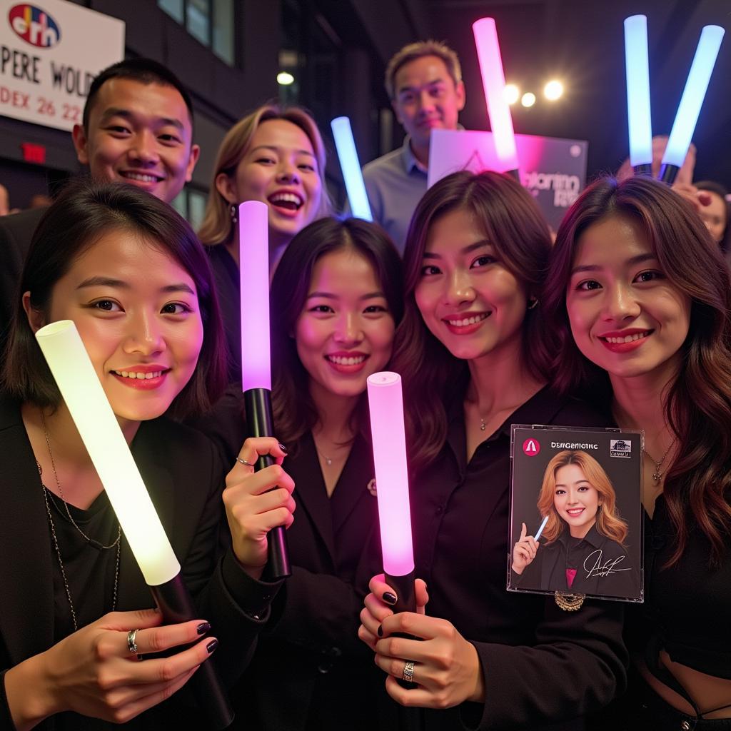 A group of fans happily holding Blackpink merchandise from a 2018 fan meeting