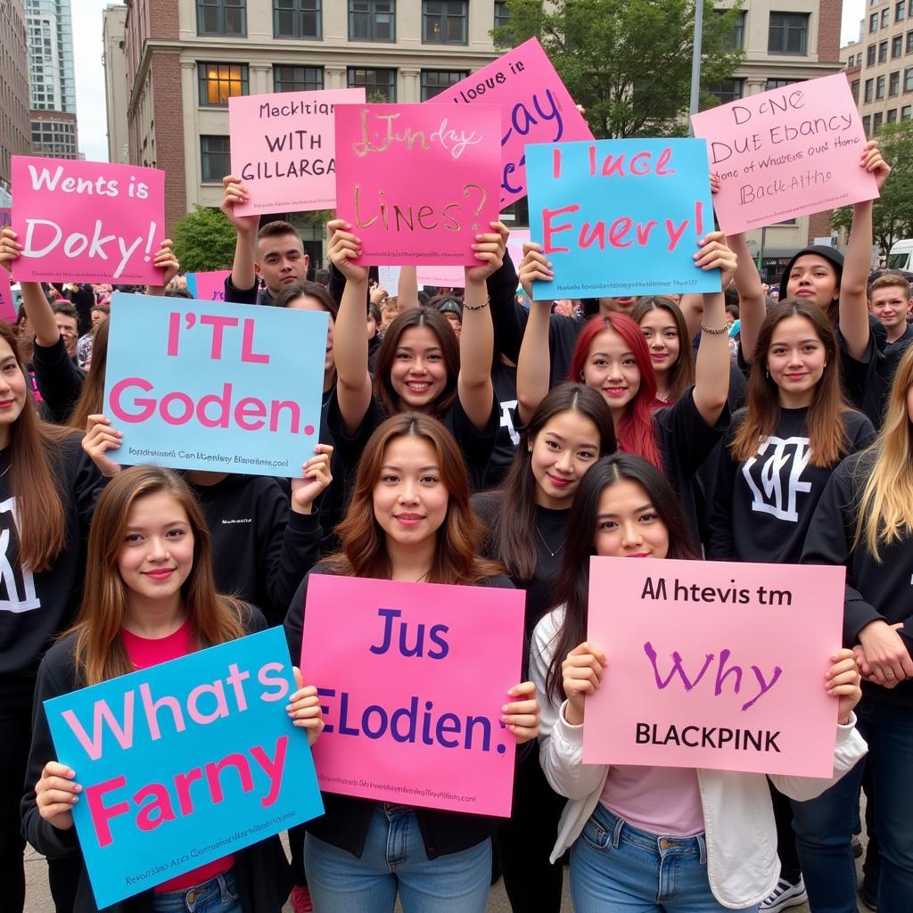 Fans holding signs and banners at a BLACKPINK fan meeting