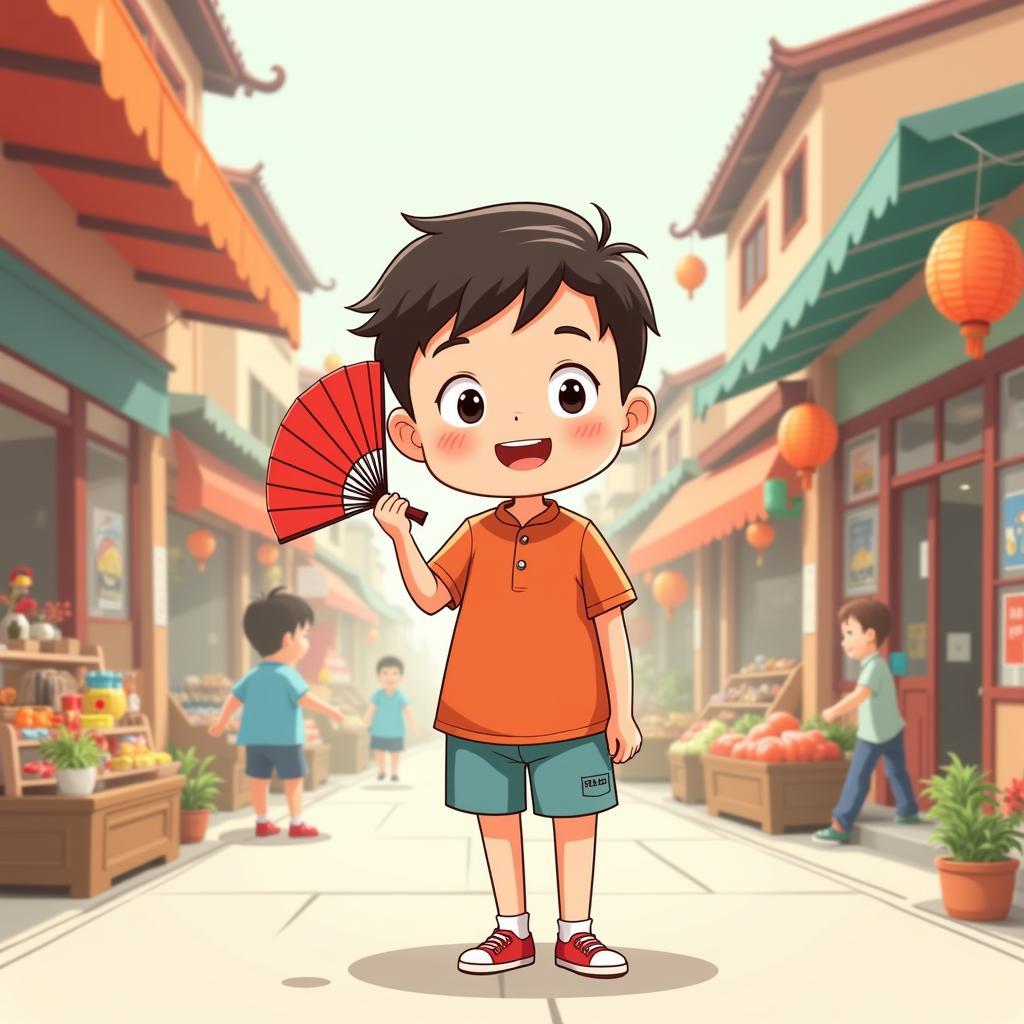 Cartoon depiction of a Chinese fan used as an everyday object.