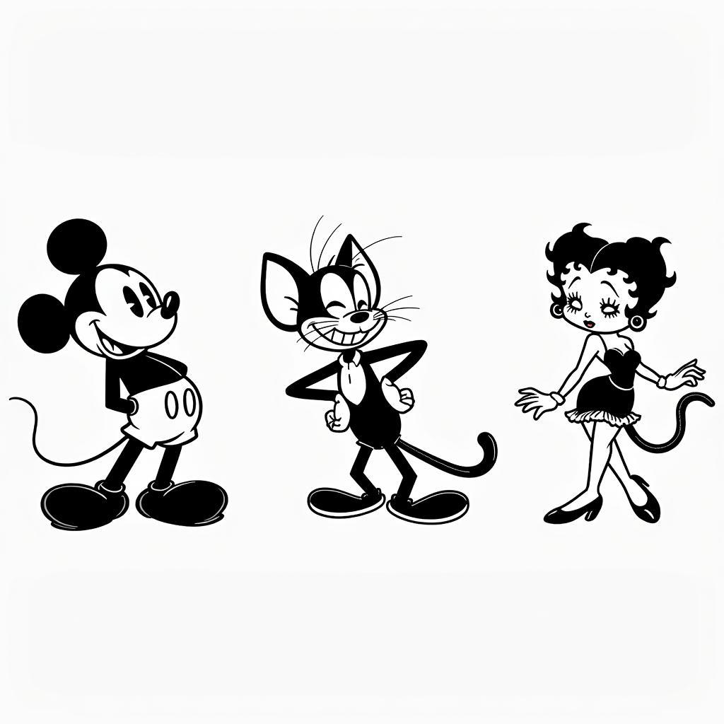 Classic Black and White Cartoon Characters: Mickey Mouse, Felix the Cat, and Betty Boop.