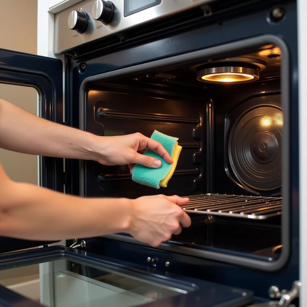 Cleaning the interior of an electric fan oven with a sponge.