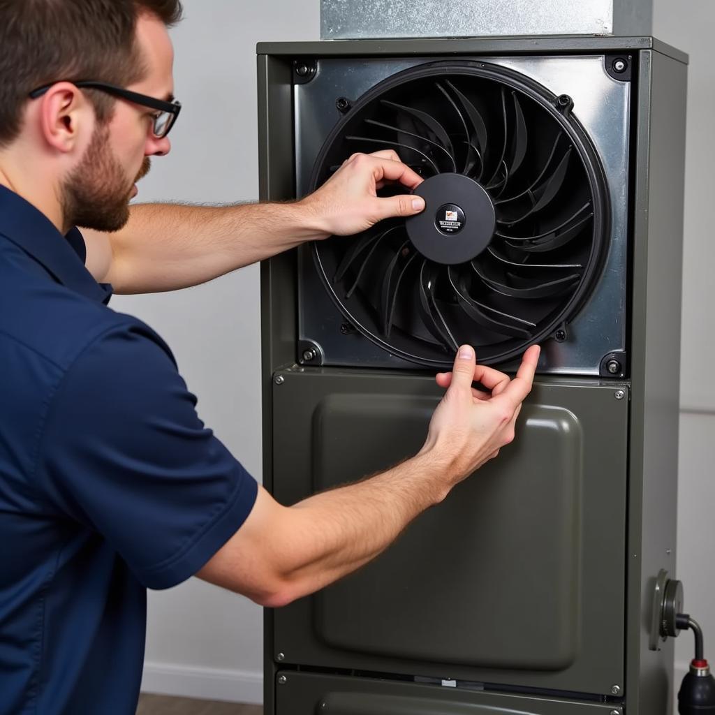 Technician inspecting a combustion fan