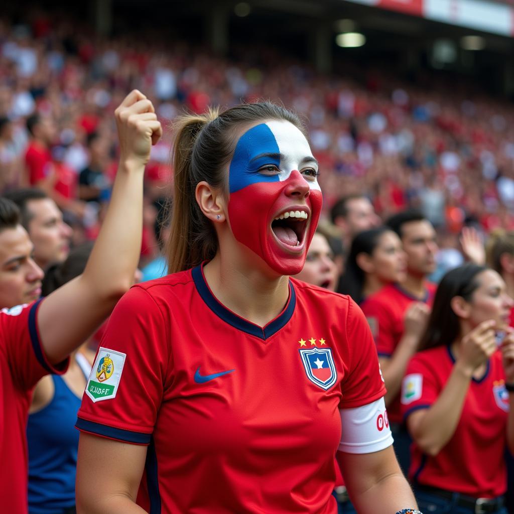 Daniella Chávez cheering for Chile at a football match