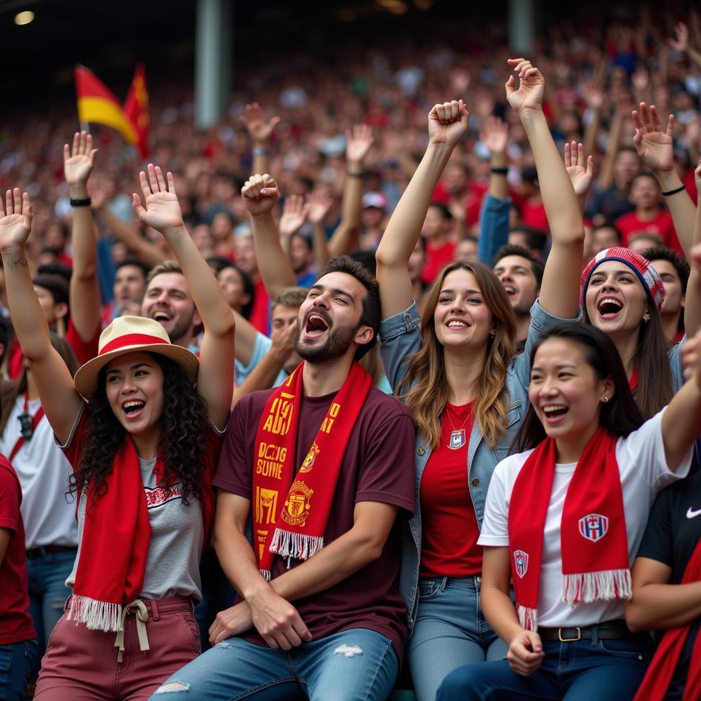 Diverse fan group cheering enthusiastically