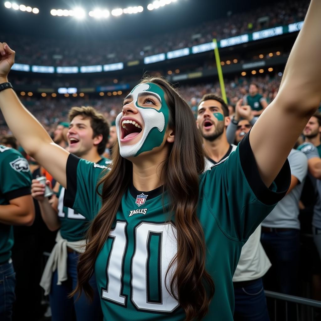 Eagles fans cheering in a packed stadium