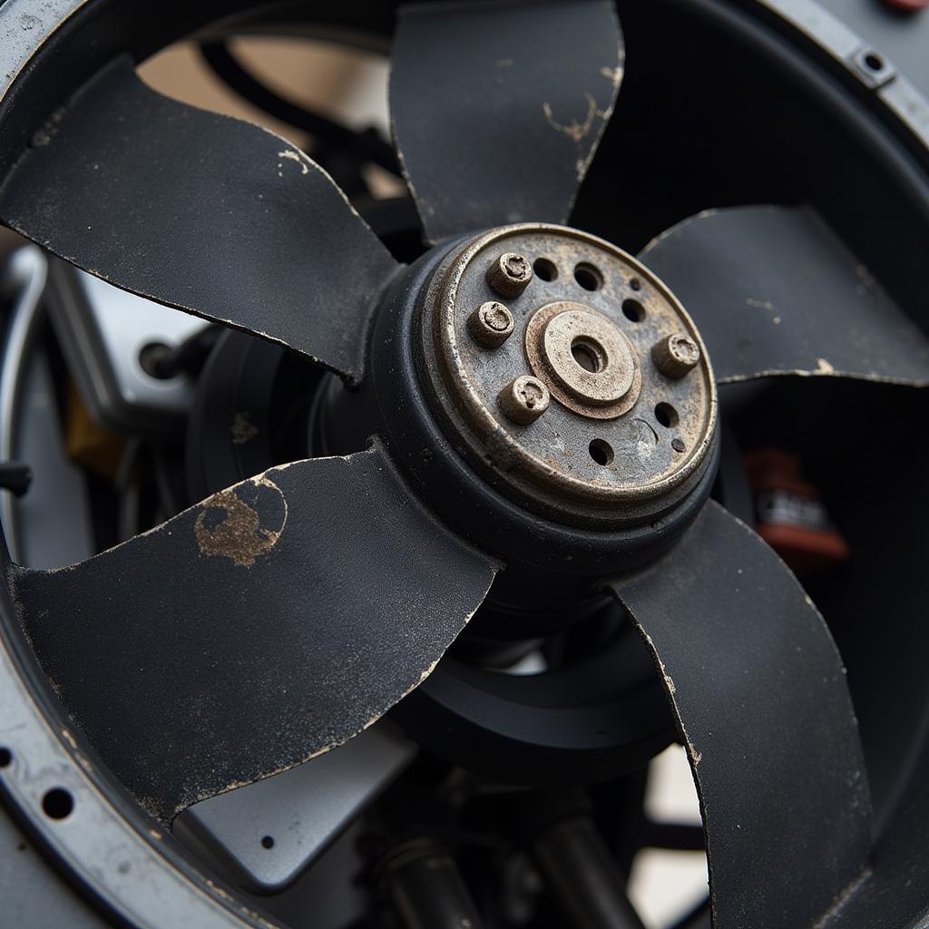 Close-up view of an engine cooling fan blade showing its design and construction