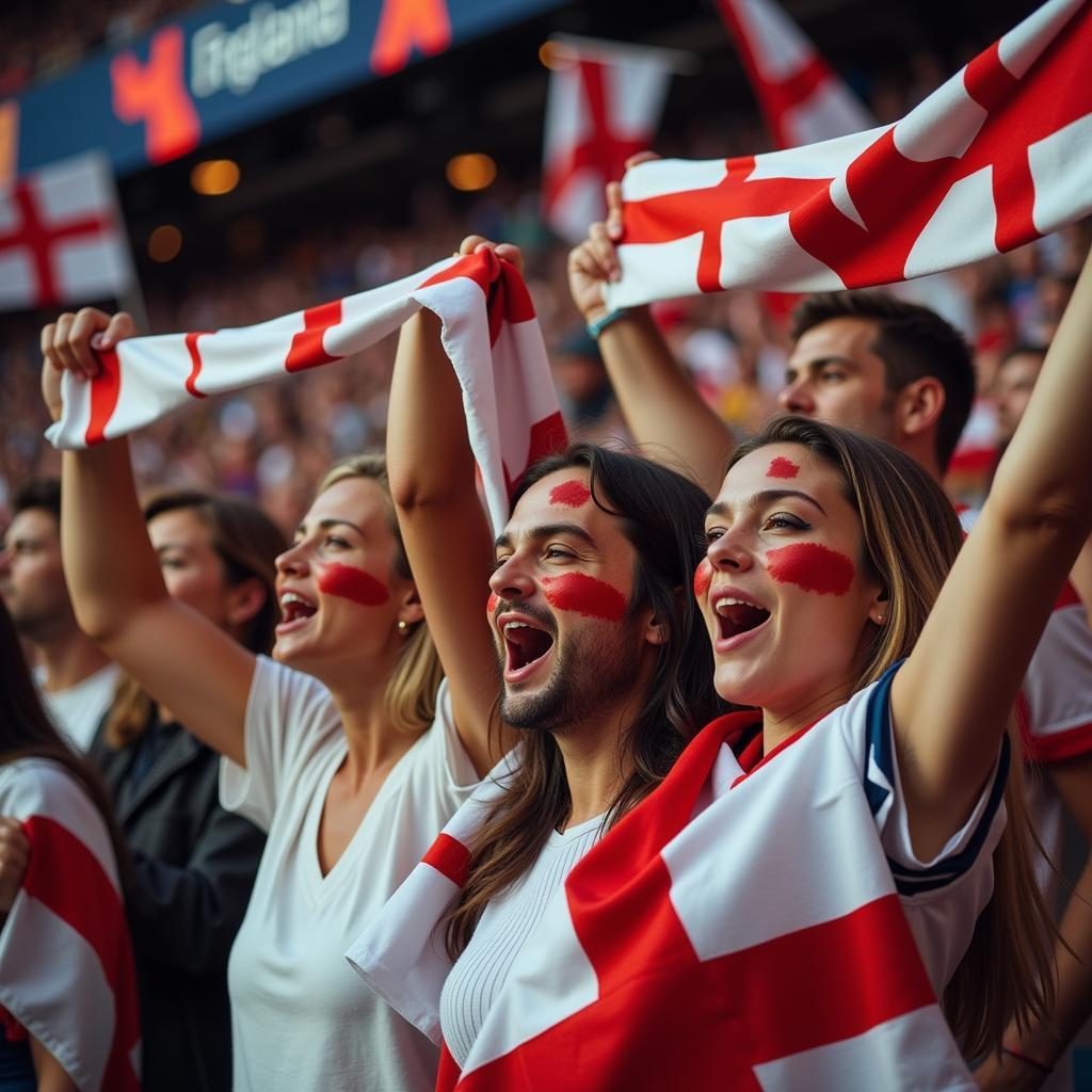 England fans waving flags and singing Sweet Caroline