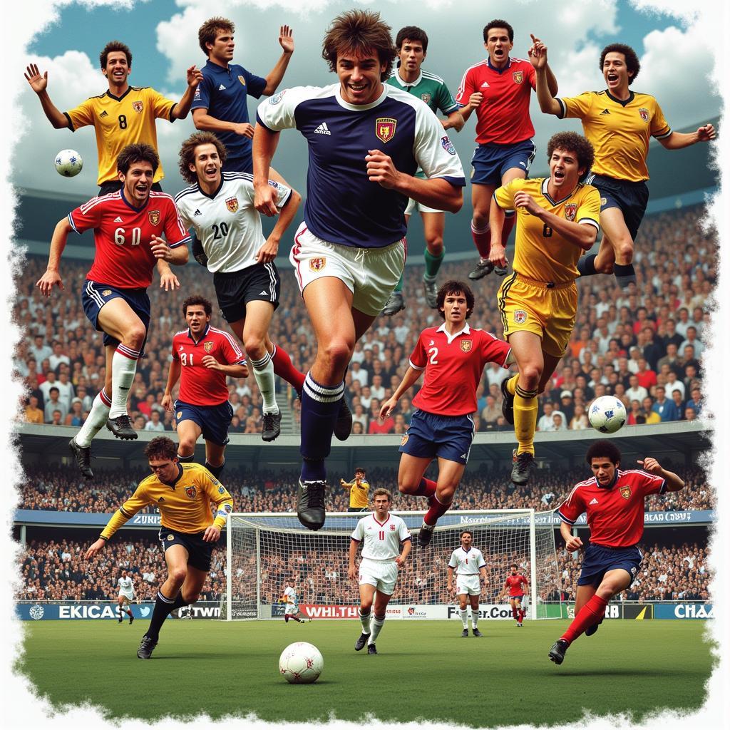 A collage of images from historic football matches, showcasing iconic moments and legendary players.