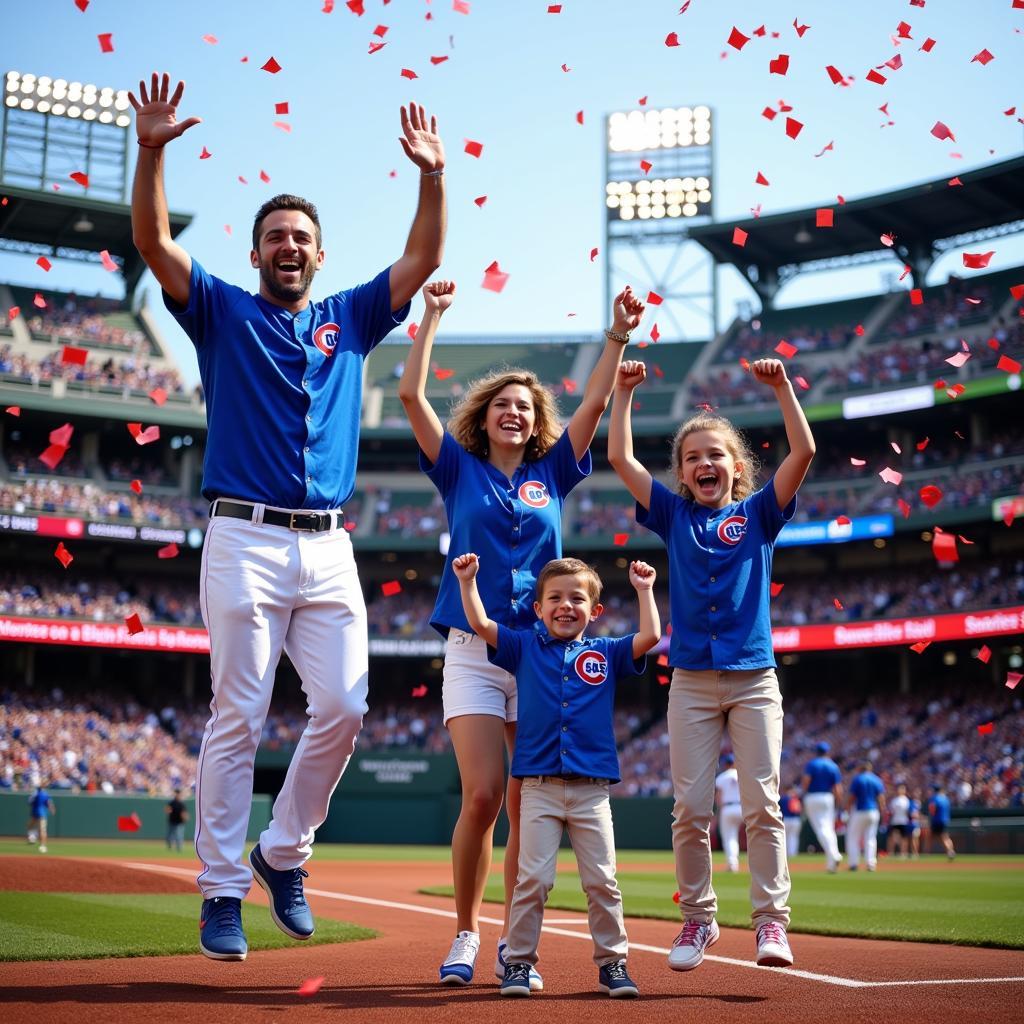 Family celebrating a Cubs win at Wrigley Field