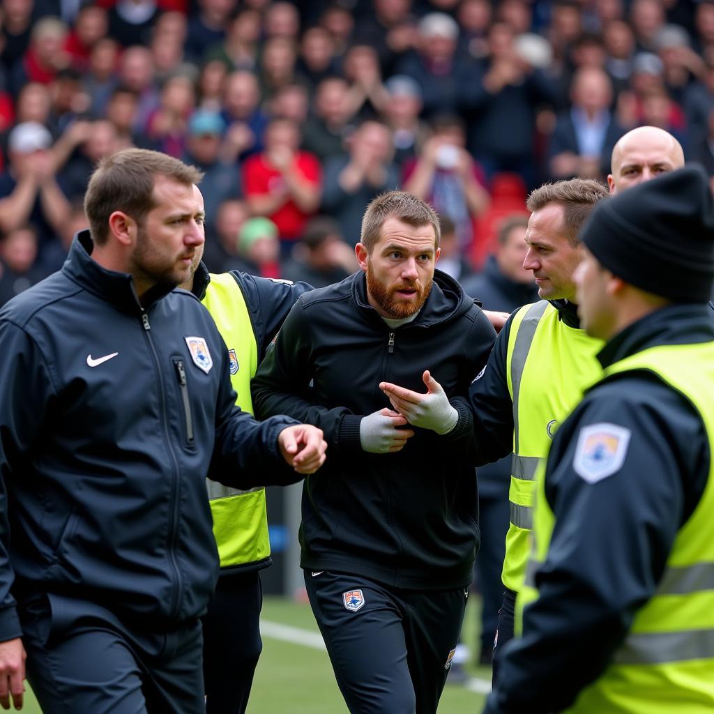 Fan being escorted out of the stadium by security